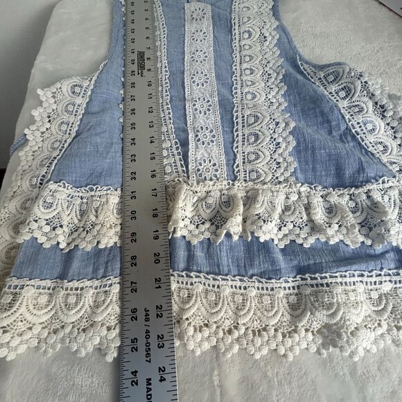 Zara Woman Chambray Lace Sleeveless Tank Top Blouse XS Blue/White Tasseled New - Picture 7 of 7